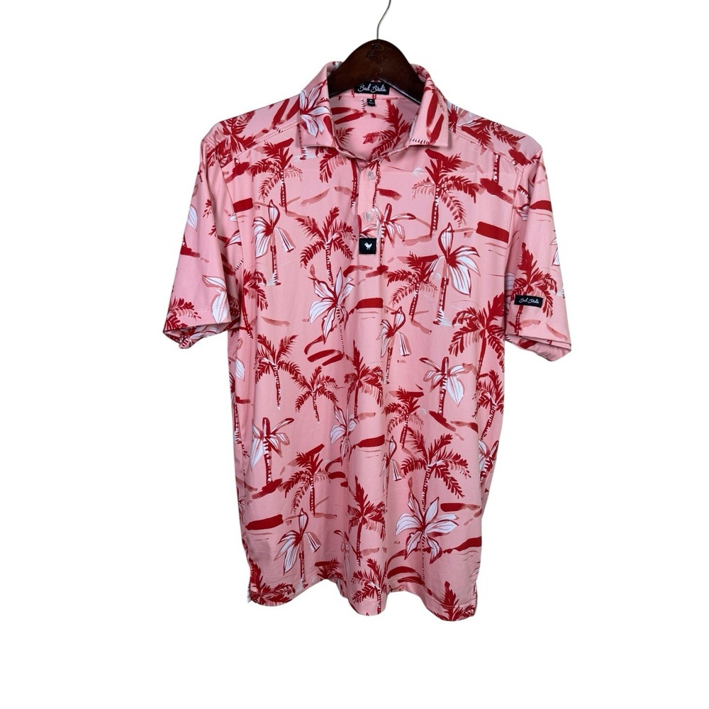 Bad Birdie Polo Shirt Men Medium Coral Palm Tree All Over Print Golf‎